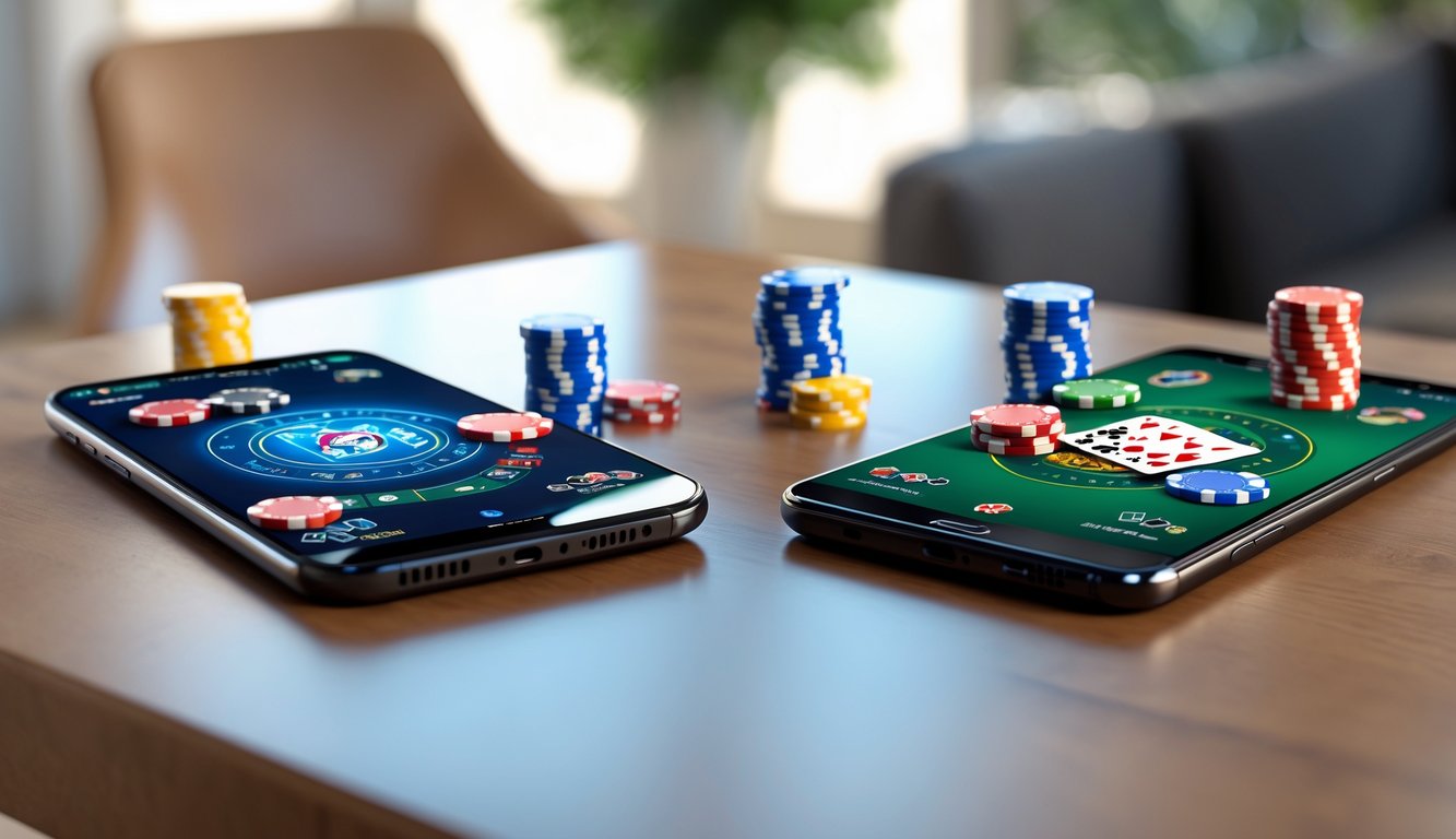 Dua ponsel pintar menampilkan permainan poker digital dengan chip dan kartu di atas meja kayu.