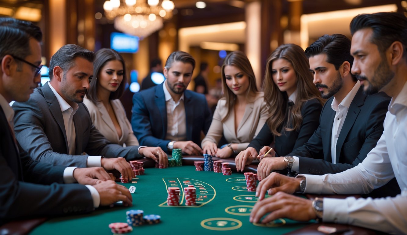 Sekelompok orang dewasa bermain poker di meja kasino dengan suasana mewah dan fokus pada permainan.