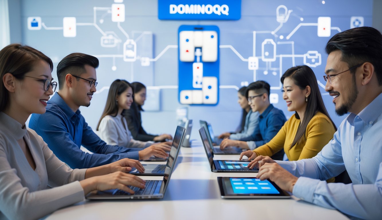 Beberapa orang bermain permainan kartu DominoQQ secara online menggunakan perangkat digital di ruangan modern.
