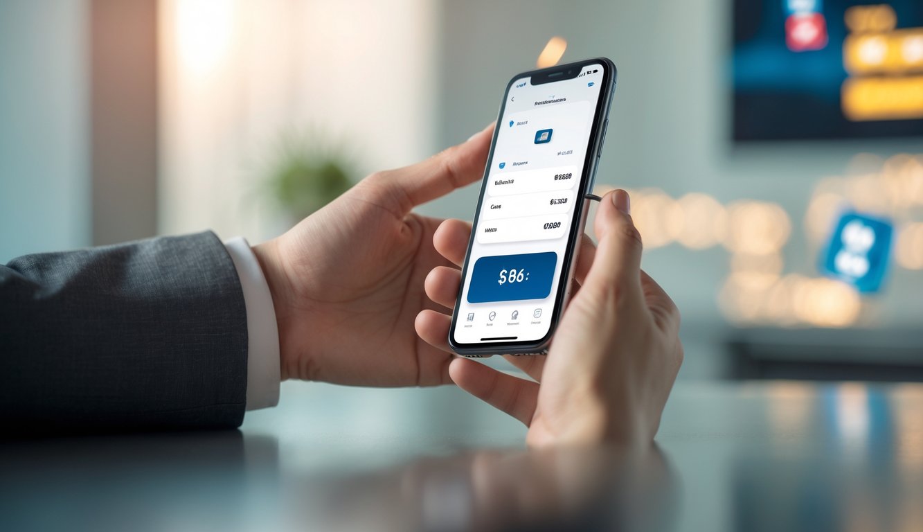 Seseorang memegang ponsel yang menampilkan aplikasi pembayaran digital dengan latar belakang samar terkait permainan domino.