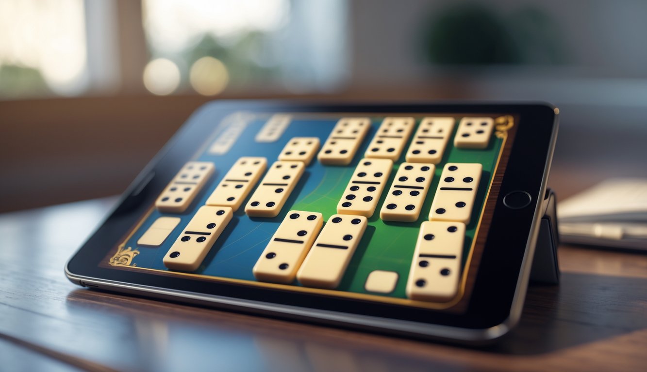 Tampilan dekat layar perangkat digital yang menampilkan permainan Domino Gaple online dengan ubin domino yang tersusun rapi.