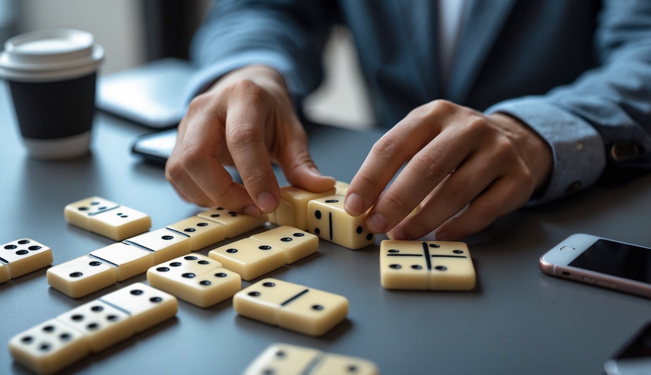 Tangan seseorang sedang memainkan domino di atas meja dengan domino yang tersusun rapi.