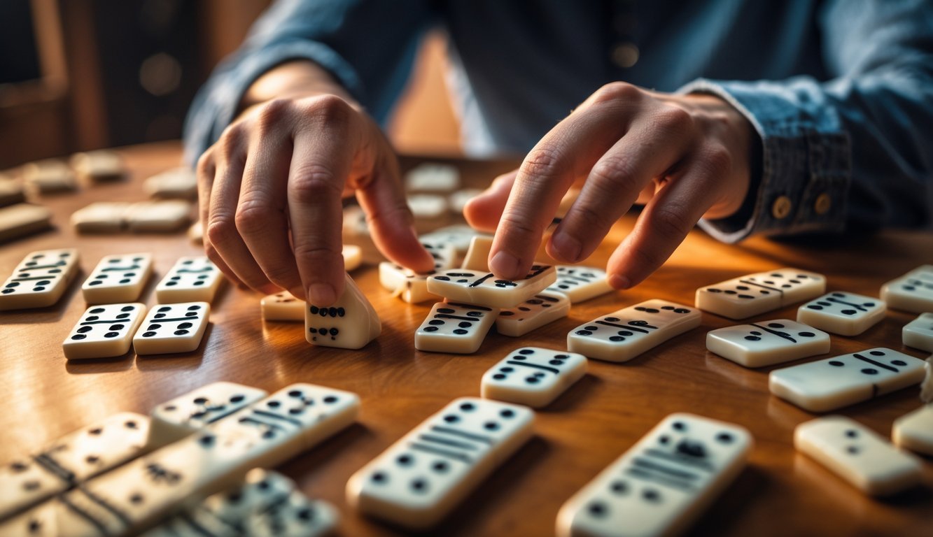 Tangan pemain sedang meletakkan domino di atas meja kayu dengan beberapa domino lain tertata rapi di sekitar.