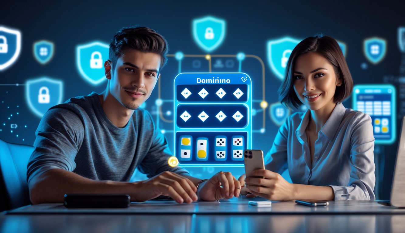 Dua orang muda duduk di meja dengan perangkat digital yang menampilkan permainan domino, menunjukkan suasana permainan online yang aman dan cepat.