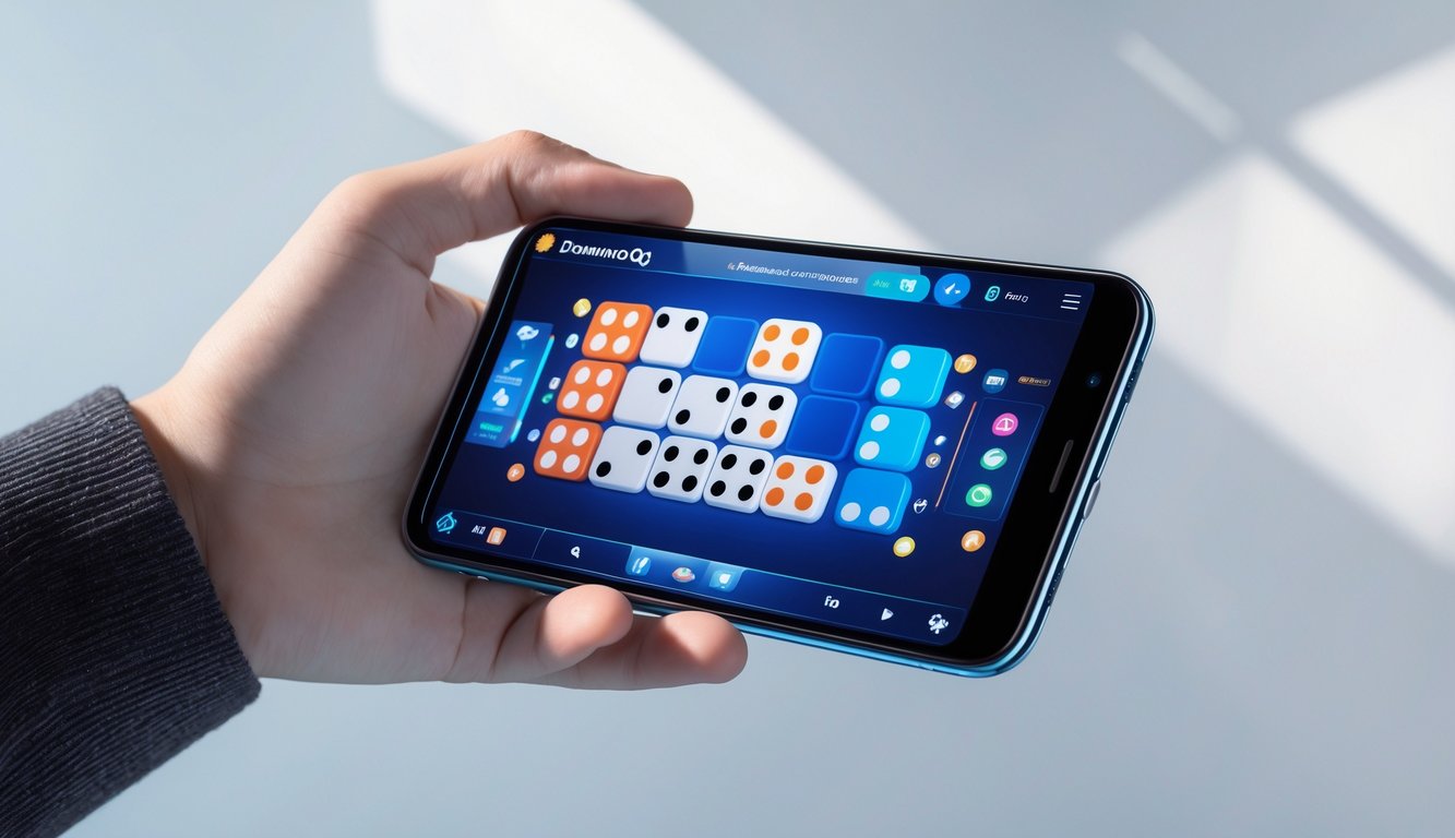 Seseorang memegang ponsel yang menampilkan permainan DominoQQ dengan latar belakang sederhana.