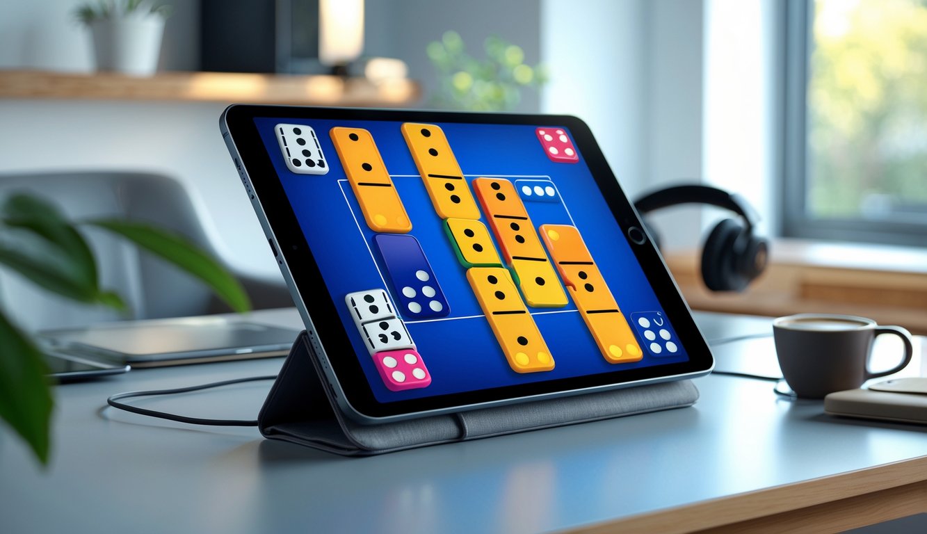 Seseorang sedang bermain Domino Gaple secara online menggunakan tablet di atas meja kerja yang rapi dengan pencahayaan alami.