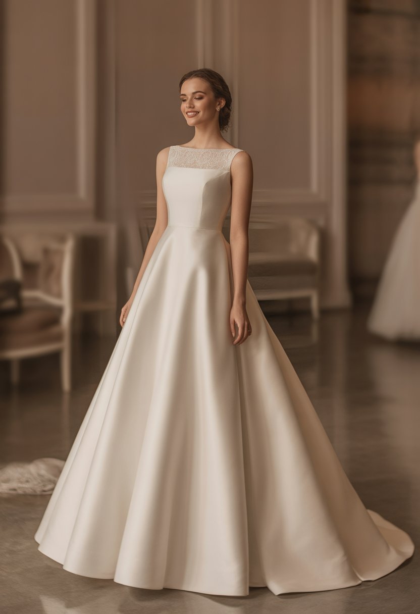 A bride wearing a wedding dress stands indoors with a gentle smile, surrounded by soft lighting.