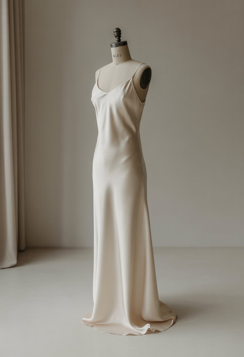 A white silk slip dress displayed on a mannequin against a plain background.