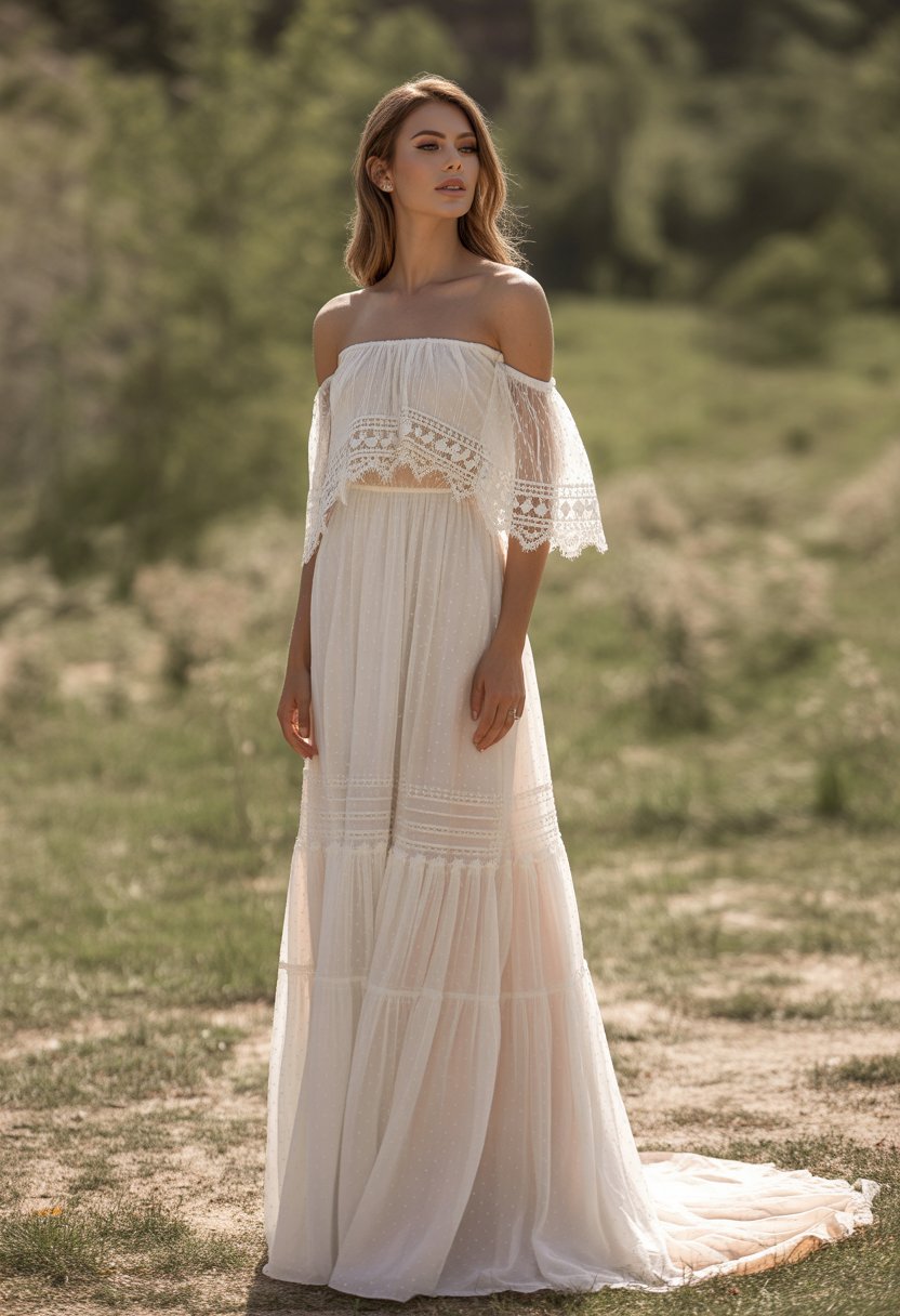 A woman stands outdoors wearing an off-shoulder wedding dress surrounded by greenery and wildflowers.