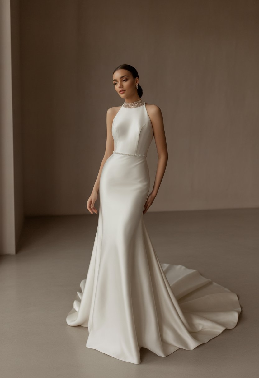 A model wearing a fitted wedding dress with a high neckline standing in a softly lit room.