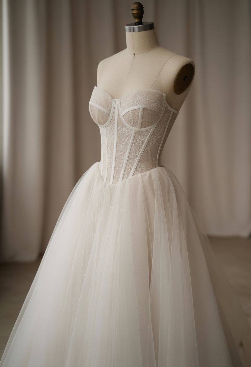 A wedding dress with a fitted corset bodice and a full tulle skirt displayed on a mannequin against a plain background.