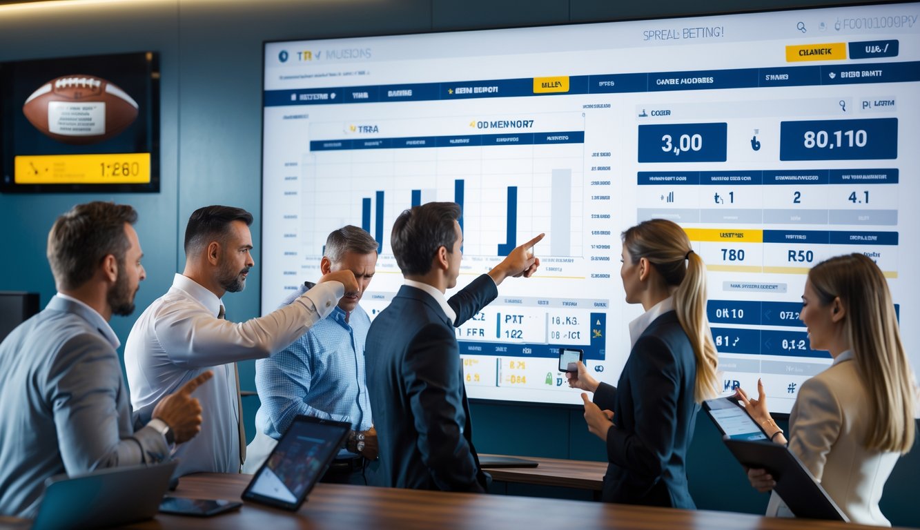 Beberapa orang sedang menganalisis data taruhan spread bola di depan layar sentuh besar dalam ruangan kantor modern.