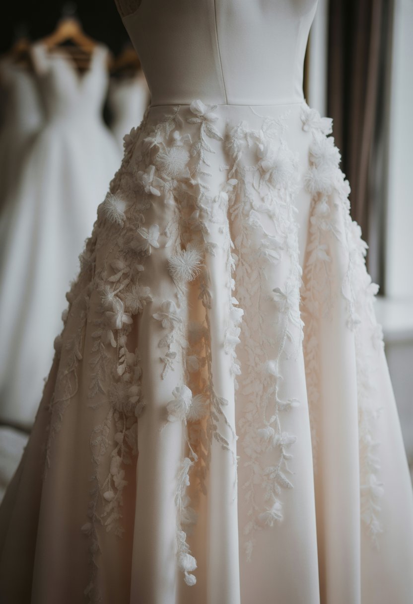 A close-up view of a wedding dress with three-dimensional floral decorations on the bodice and skirt.