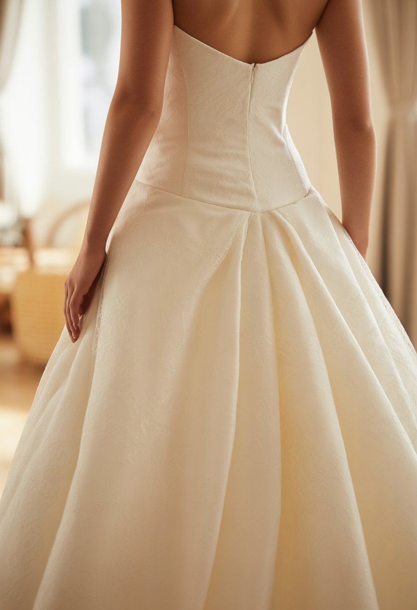 Close-up of a wedding dress with a Basque waist silhouette highlighting the waist and skirt area.