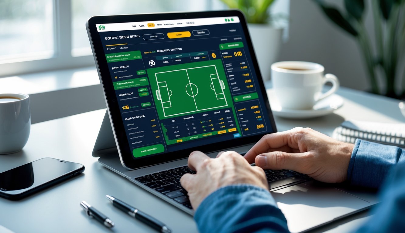 Seseorang menggunakan laptop untuk memasang taruhan handicap pada pertandingan sepak bola online di meja kerja.
