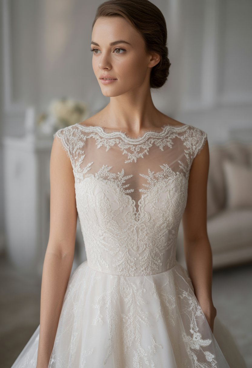 A bride wearing a wedding dress with a sheer neckline stands gracefully in a softly lit studio.