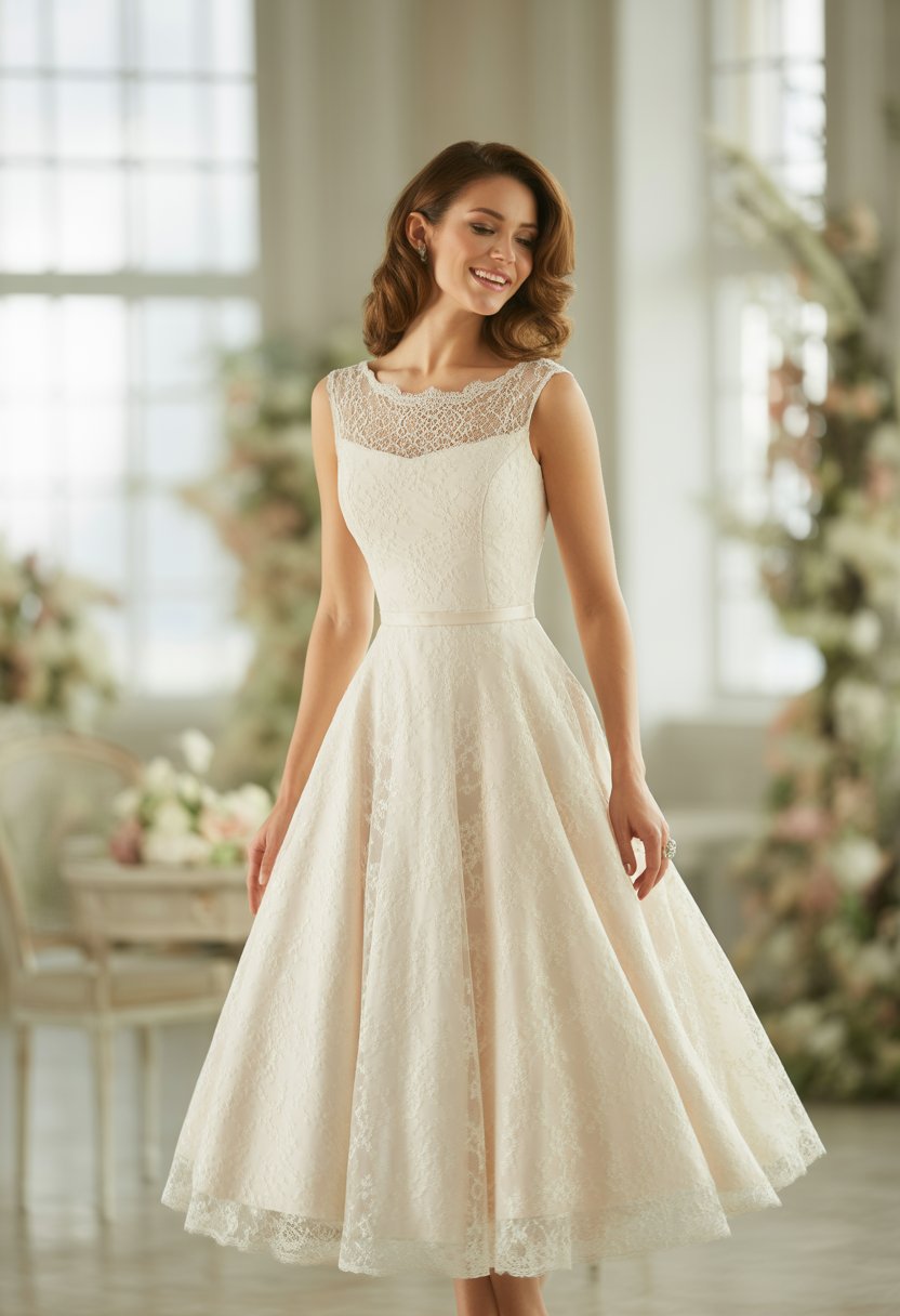 A woman stands indoors wearing a mid-length wedding dress, surrounded by soft natural light and floral decorations.