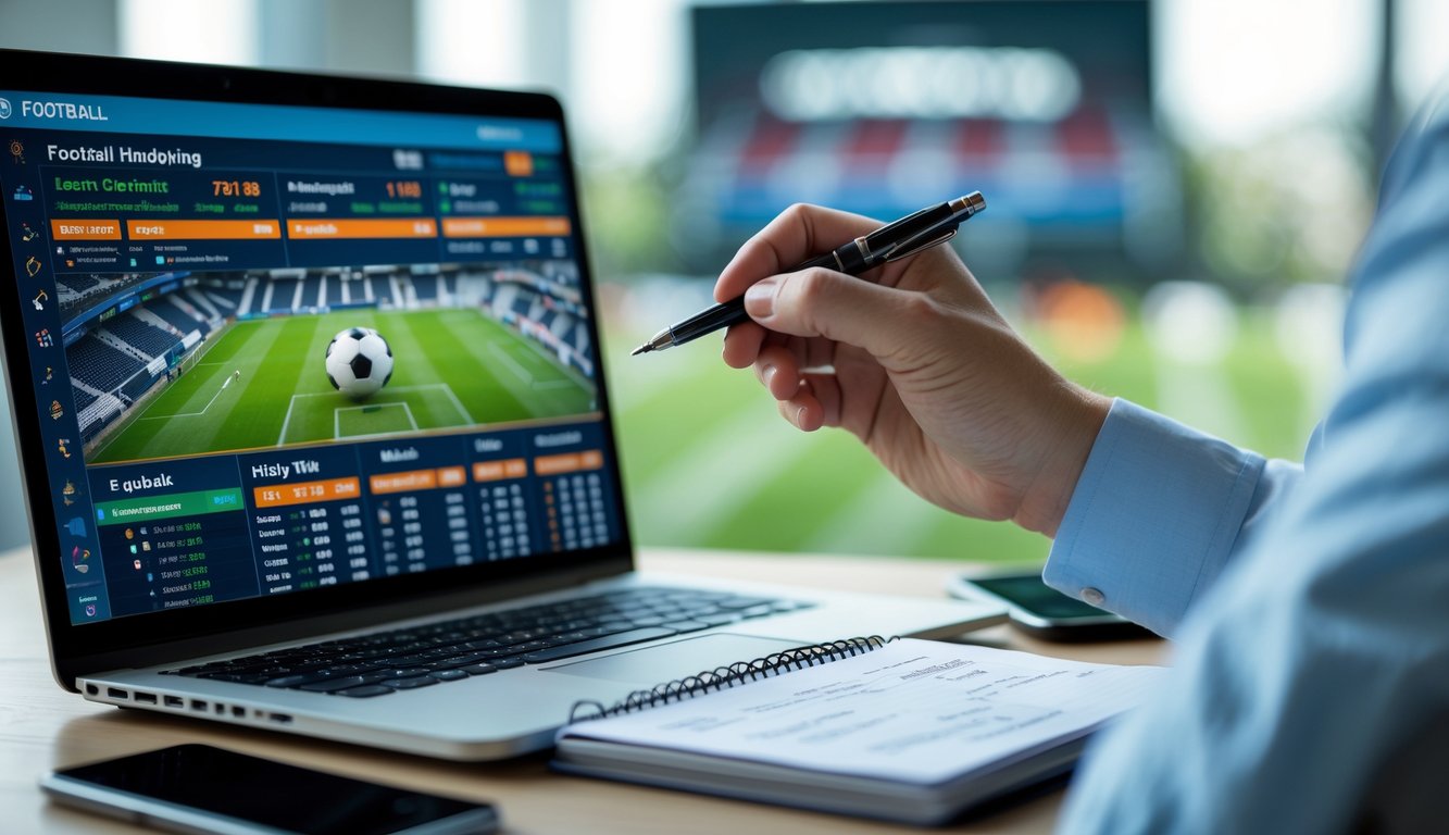 Seseorang sedang menganalisis taruhan handicap sepak bola di depan laptop dengan catatan dan ponsel di meja.