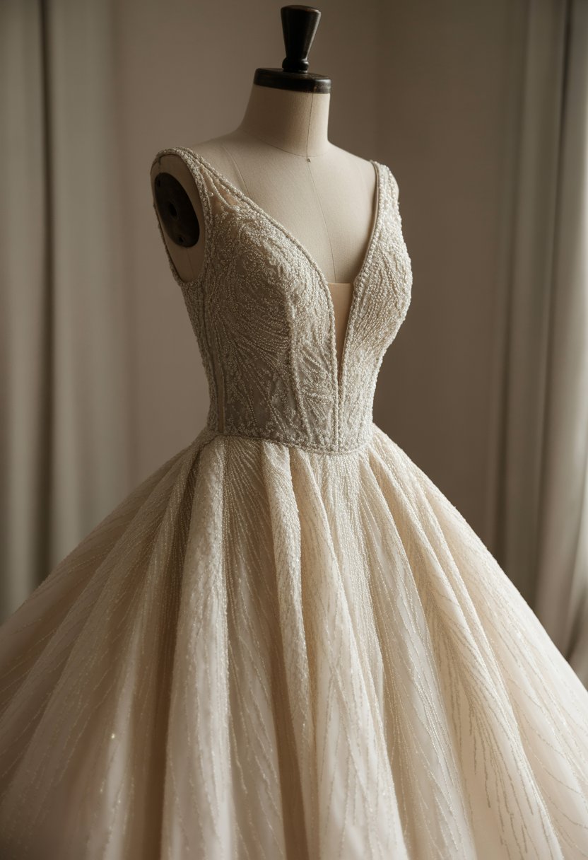 A wedding dress with a deep V-neck and beaded details displayed on a mannequin in a bright studio.