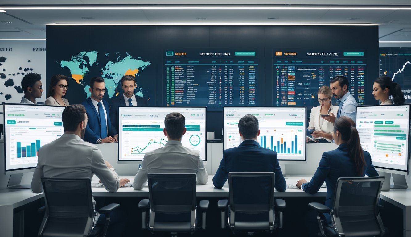 Sekelompok profesional sedang menganalisis data olahraga di layar digital dalam sebuah kantor modern.