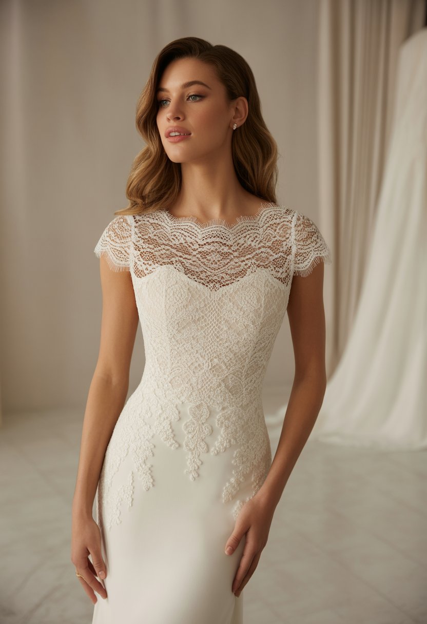 A woman wearing a wedding dress with cap sleeves and lace details, standing in a bright studio.