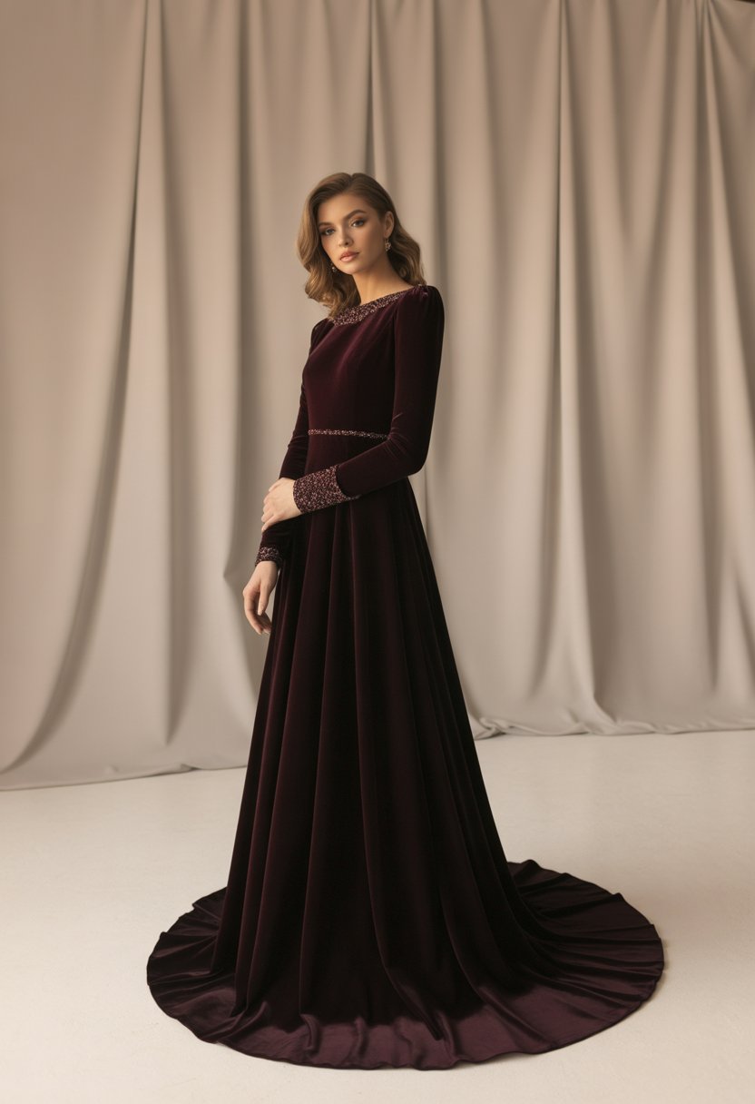 A model wearing a long sleeve velvet wedding gown standing in a minimalistic studio setting.