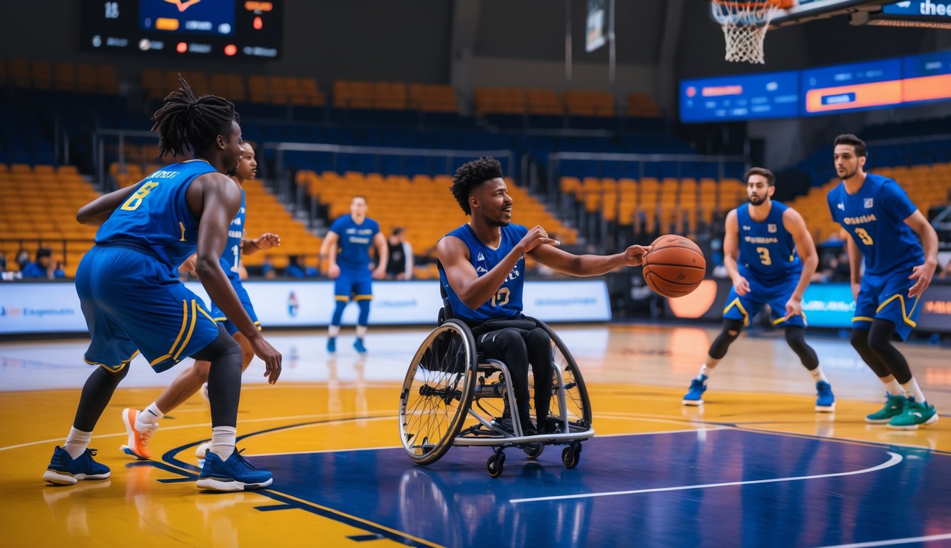 Seorang atlet kursi roda bermain bola basket bersama timnya di lapangan dalam pertandingan yang sedang berlangsung.