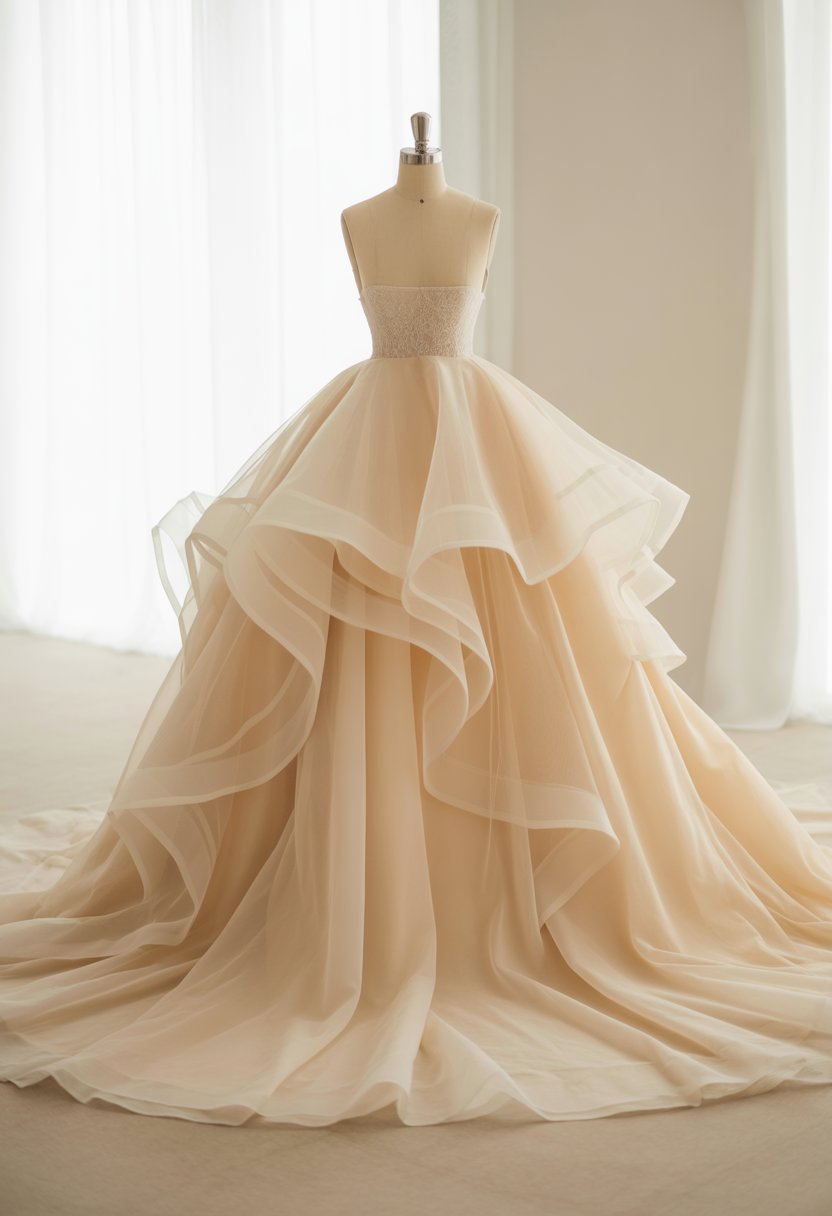 A layered tulle ball gown wedding dress displayed on a mannequin in a bright studio.