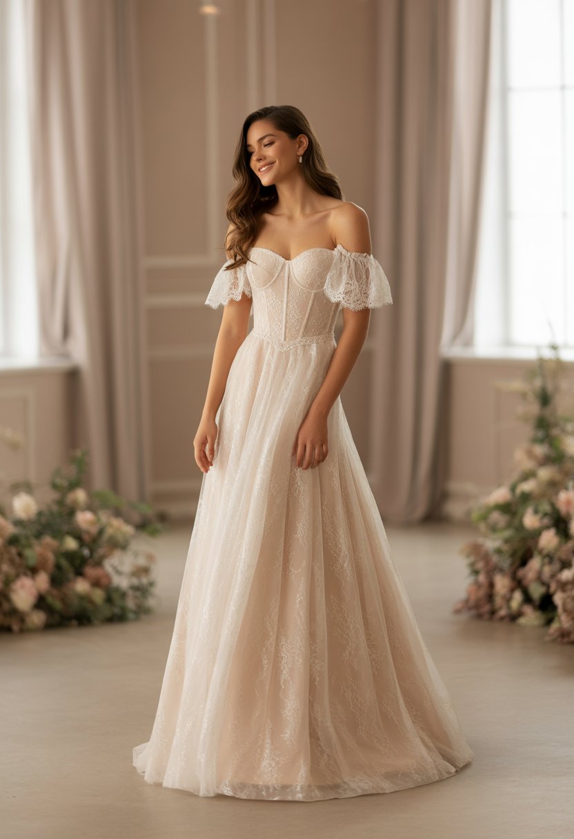 A woman stands indoors wearing an off-the-shoulder wedding dress with lace details, surrounded by soft natural light and floral decorations.