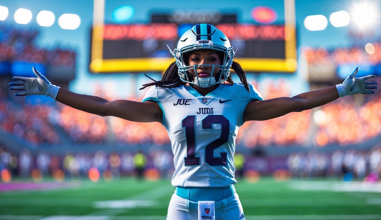 Seorang pemain sepak bola wanita sedang membuka kedua lengannya di lapangan sepak bola saat pertandingan.