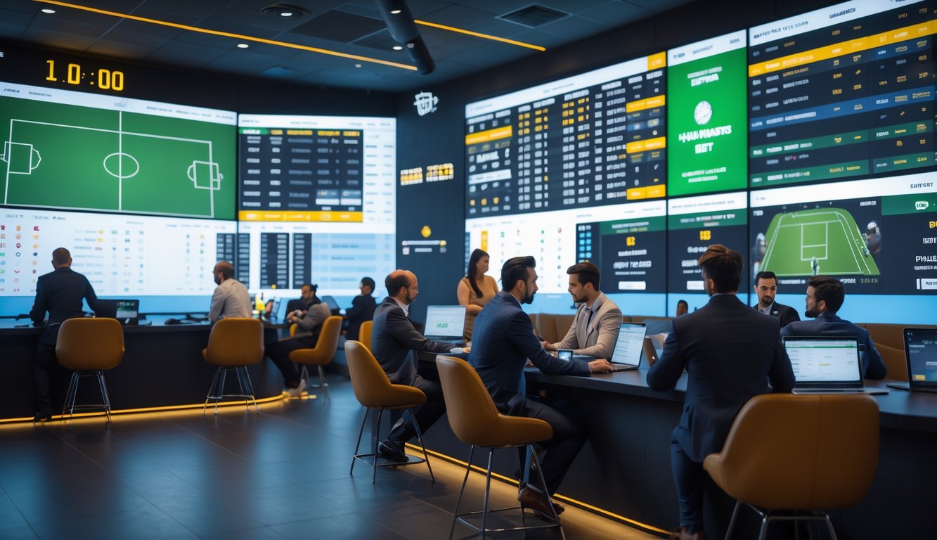 Orang-orang sedang melihat layar digital besar menampilkan statistik olahraga dan informasi taruhan handicap secara langsung.