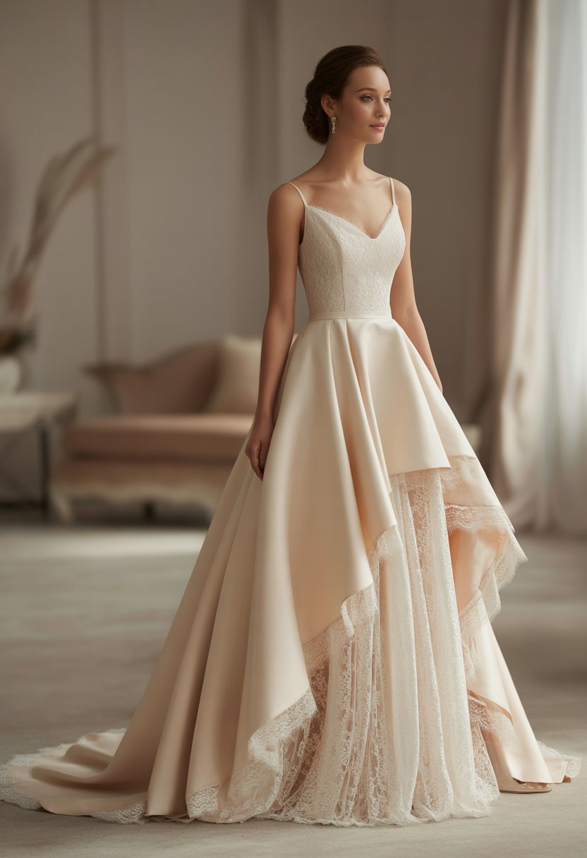 A bride standing indoors wearing a wedding dress with an asymmetric hem.