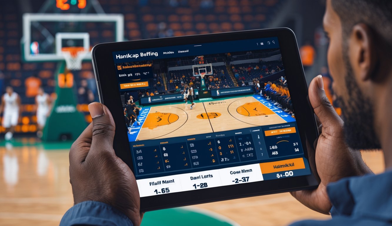 Seseorang menggunakan tablet untuk melihat peluang taruhan handicap bola basket dengan latar belakang pertandingan bola basket yang sedang berlangsung.