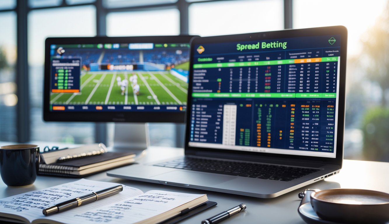 Meja kerja dengan laptop menampilkan statistik olahraga dan peluang taruhan spread, buku catatan dengan catatan dan pulpen, serta layar besar menampilkan pertandingan olahraga langsung.