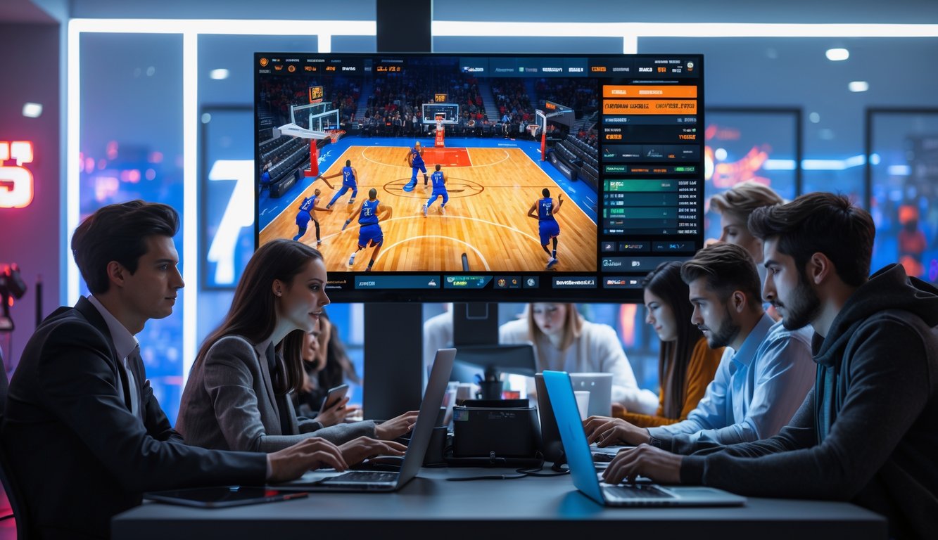 Beberapa orang muda sedang menggunakan komputer dan ponsel untuk bertaruh pada pertandingan basket esports secara online.