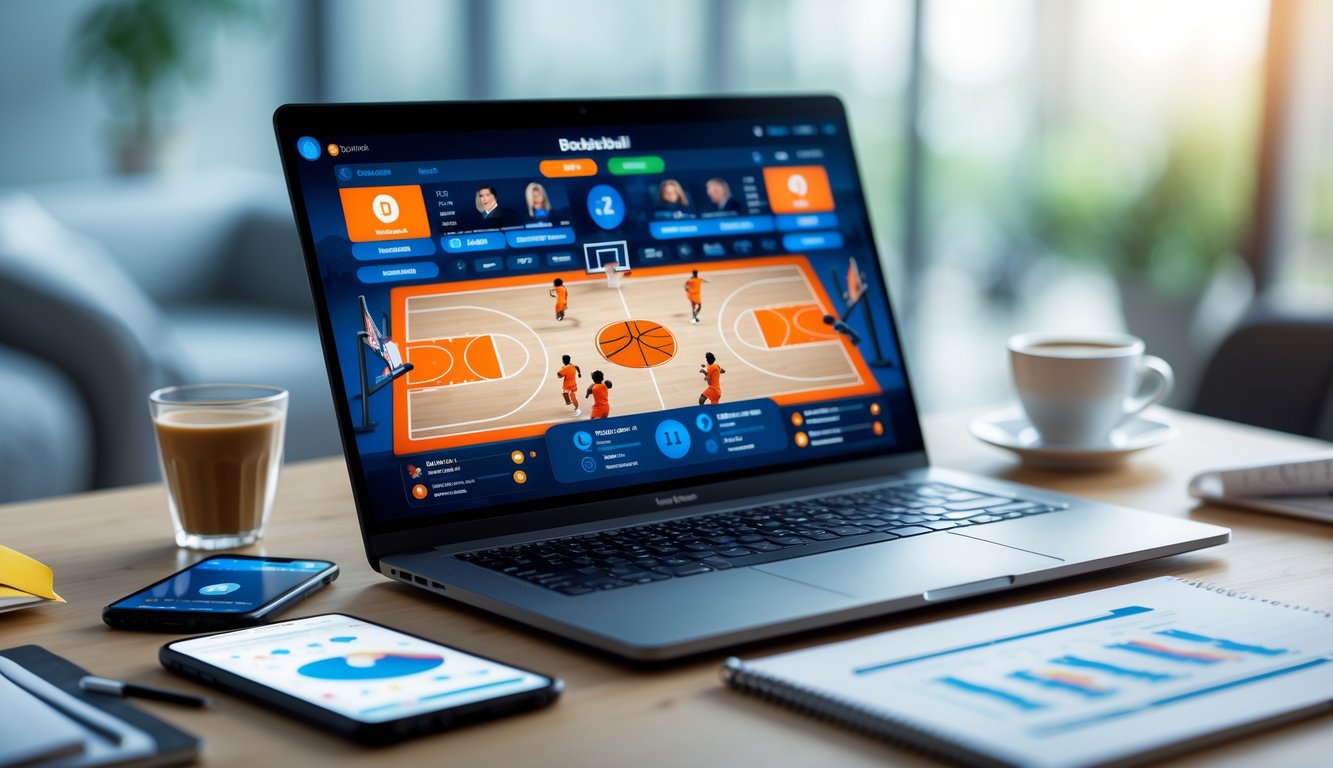 Seorang pria duduk di meja kerja dengan laptop yang menampilkan permainan basket virtual, dikelilingi oleh ponsel dan alat tulis.