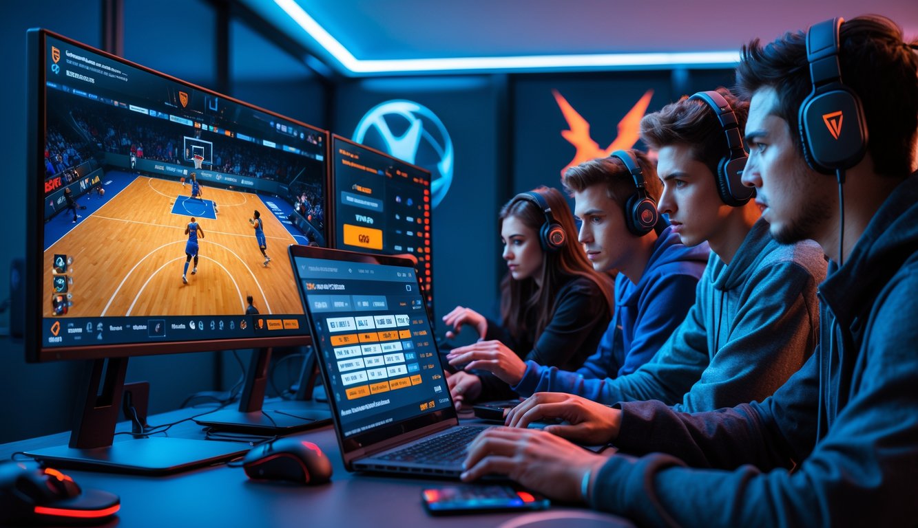 Sekelompok orang muda sedang menggunakan komputer dan ponsel untuk memasang taruhan pada pertandingan basket esports.