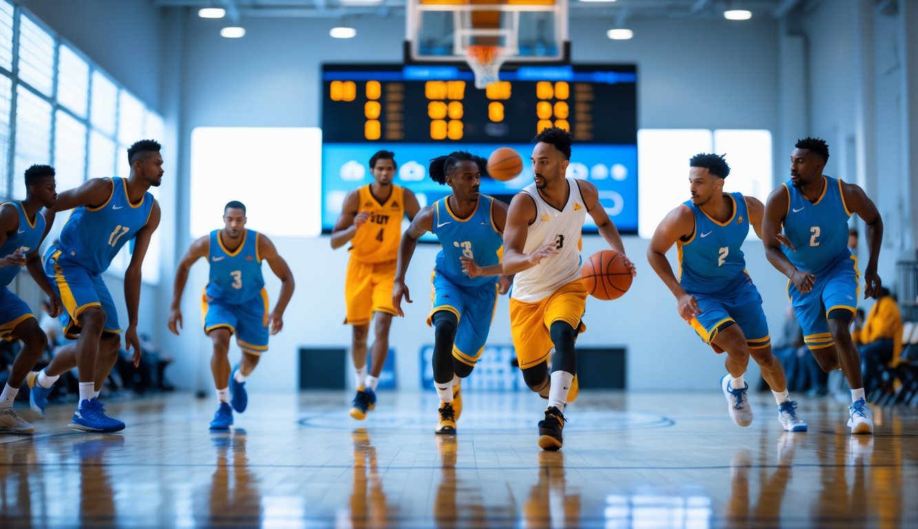 Para pemain basket sedang bermain di lapangan dalam pertandingan yang intens dengan latar belakang papan skor modern.