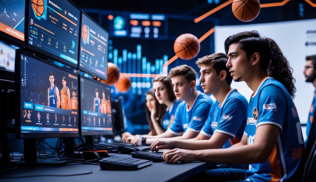 Sekelompok orang muda yang serius sedang menganalisis data pertandingan basket esports di depan komputer dengan grafik dan statistik permainan.