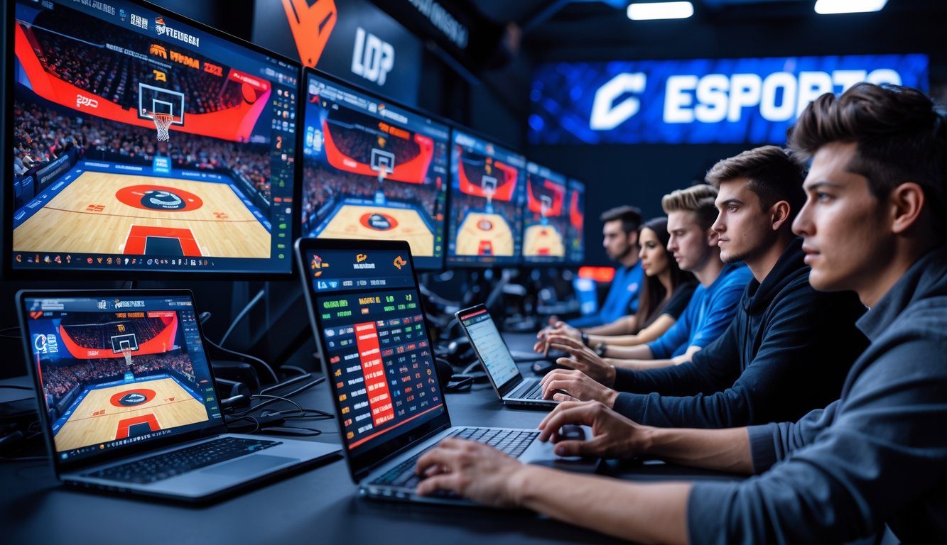 Sekelompok orang muda sedang menggunakan perangkat digital untuk taruhan langsung pada pertandingan basket esports yang sedang berlangsung.