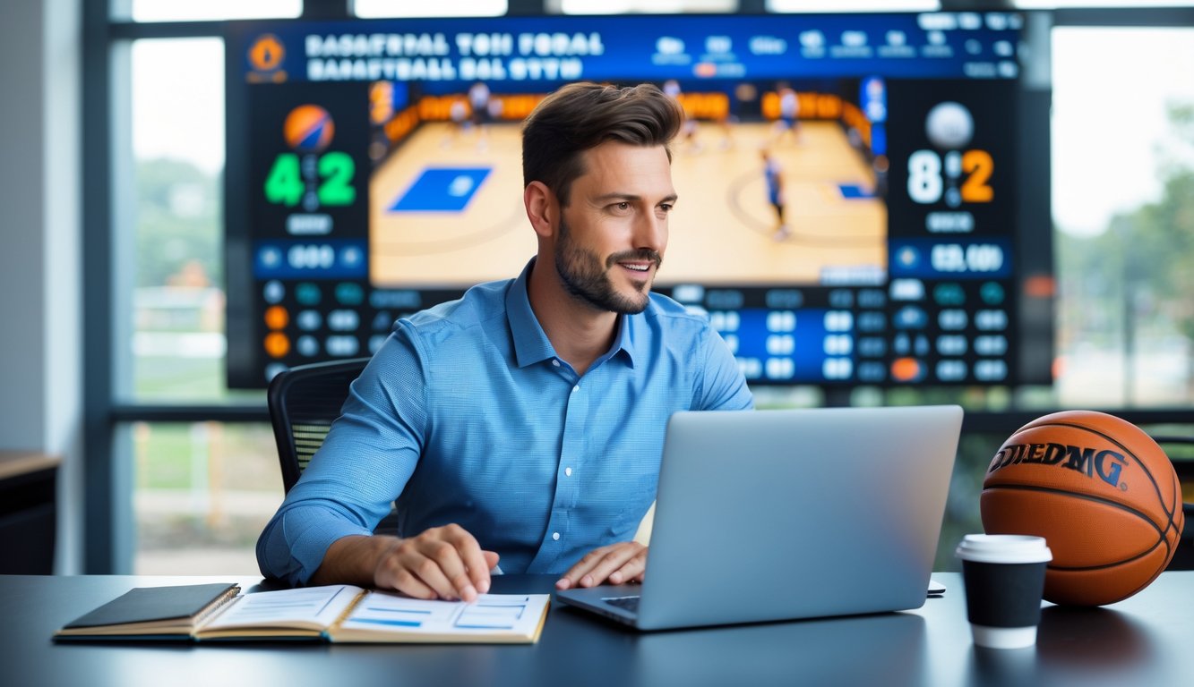 Seorang pria duduk di meja dengan laptop dan bola basket, menganalisis statistik permainan basket.