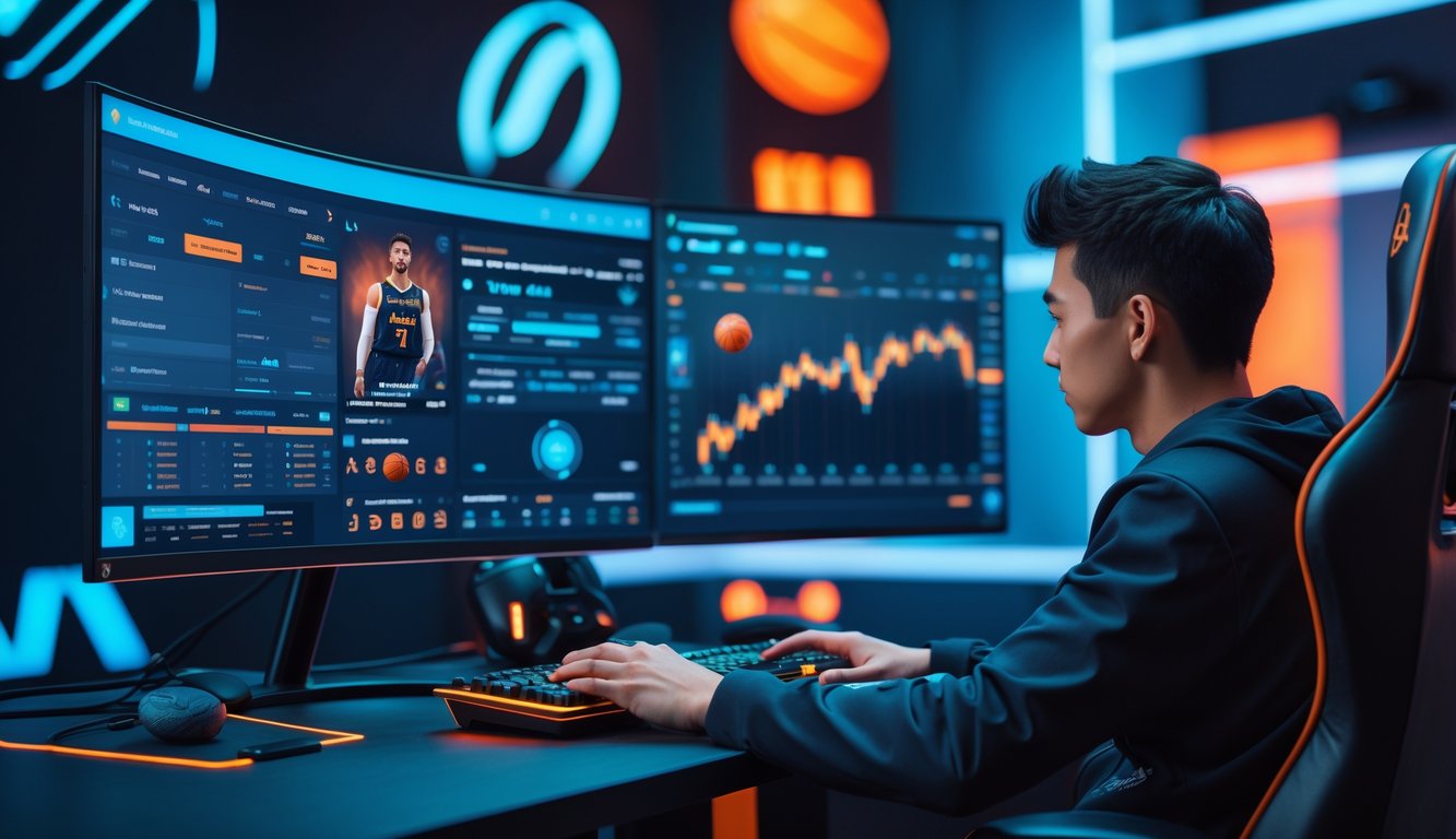 Seorang pemain esports sedang duduk di depan komputer dengan layar yang menampilkan statistik dan peluang taruhan untuk pertandingan basket esports.