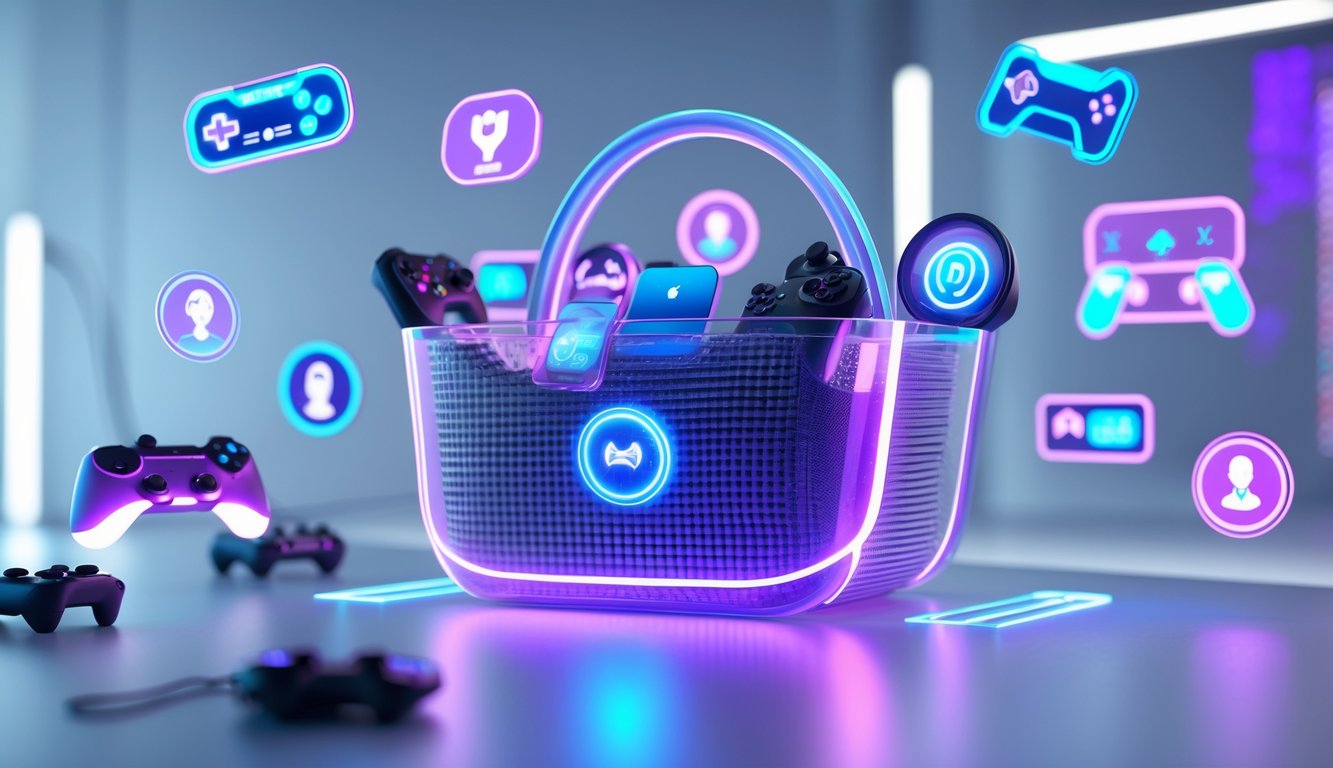 Sebuah keranjang virtual modern berisi elemen-elemen permainan populer dengan latar belakang teknologi yang samar.