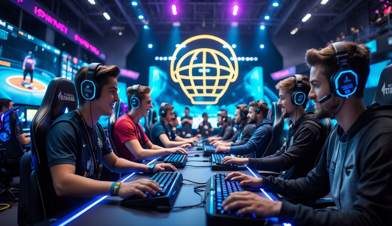 Sejumlah pemain esports sedang bermain dalam arena dengan layar besar dan pencahayaan berwarna-warni, menampilkan suasana kompetisi yang intens.