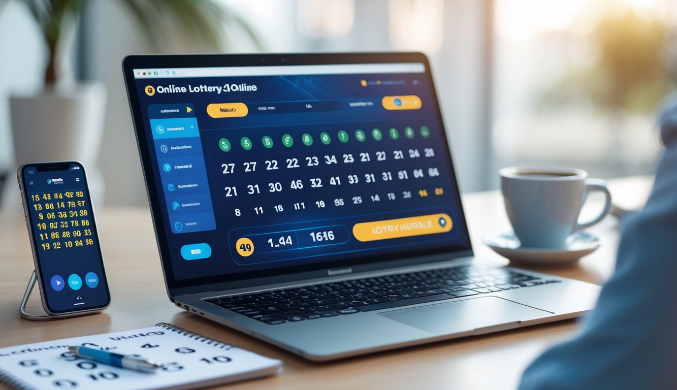 Seorang pengguna bekerja dengan laptop yang menampilkan antarmuka lotere digital di meja kerja modern.
