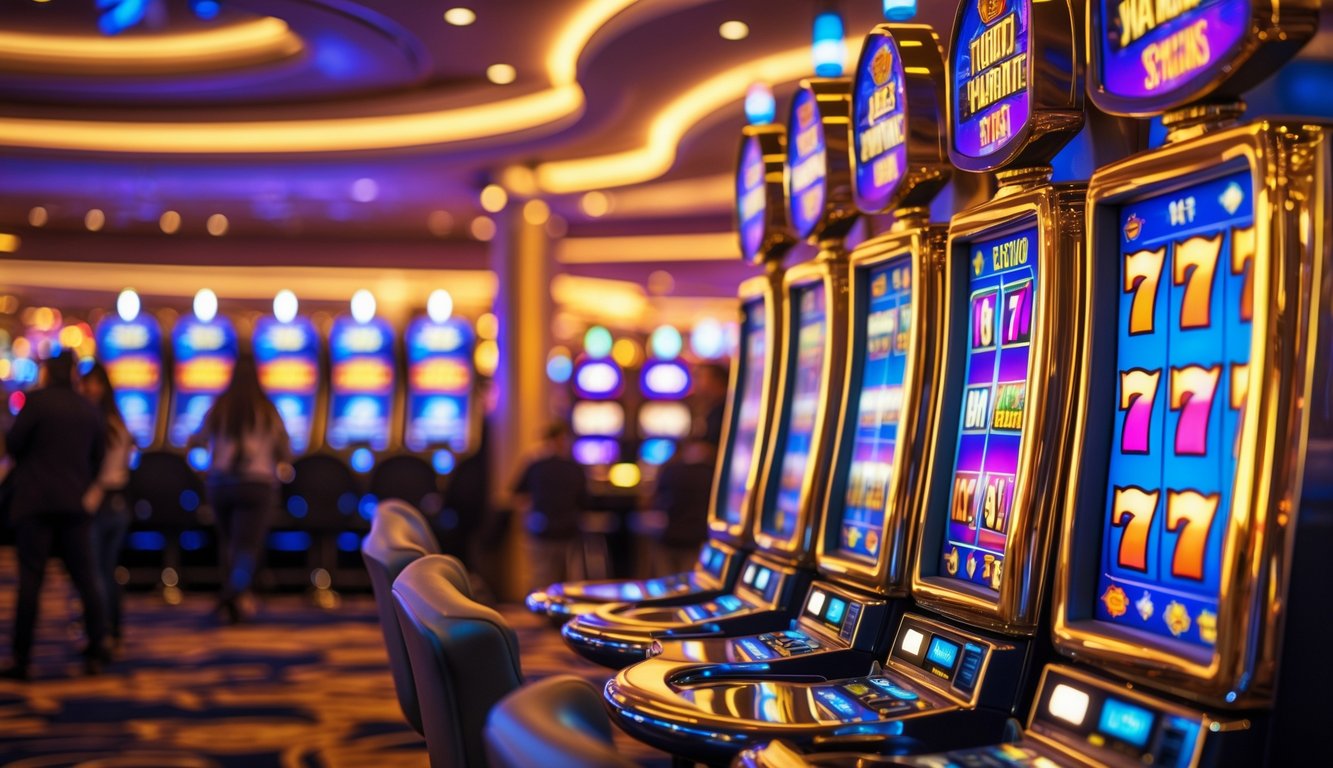 Area mesin slot di kasino dengan mesin yang menyala dan orang-orang bermain dengan suasana ceria.
