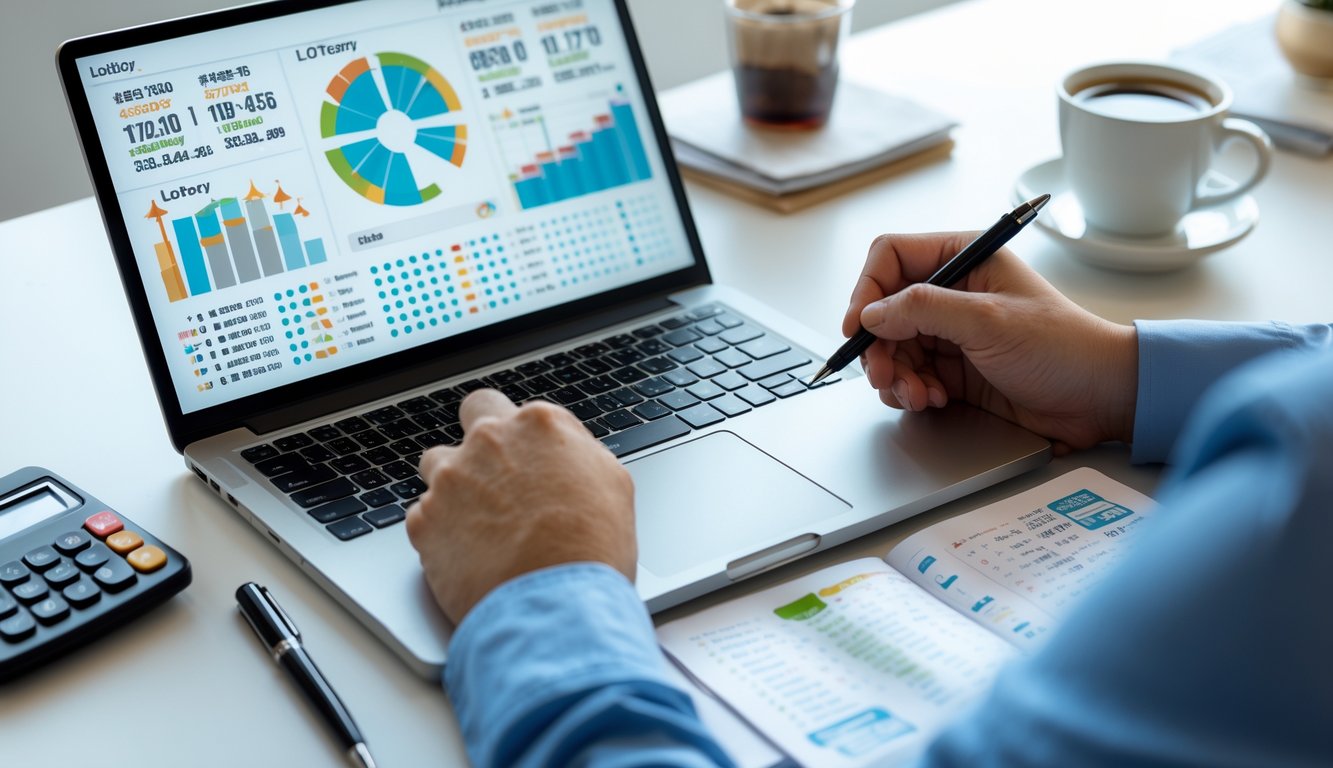 Seseorang sedang menganalisis data togel di meja kerja dengan laptop, buku catatan, dan alat tulis.