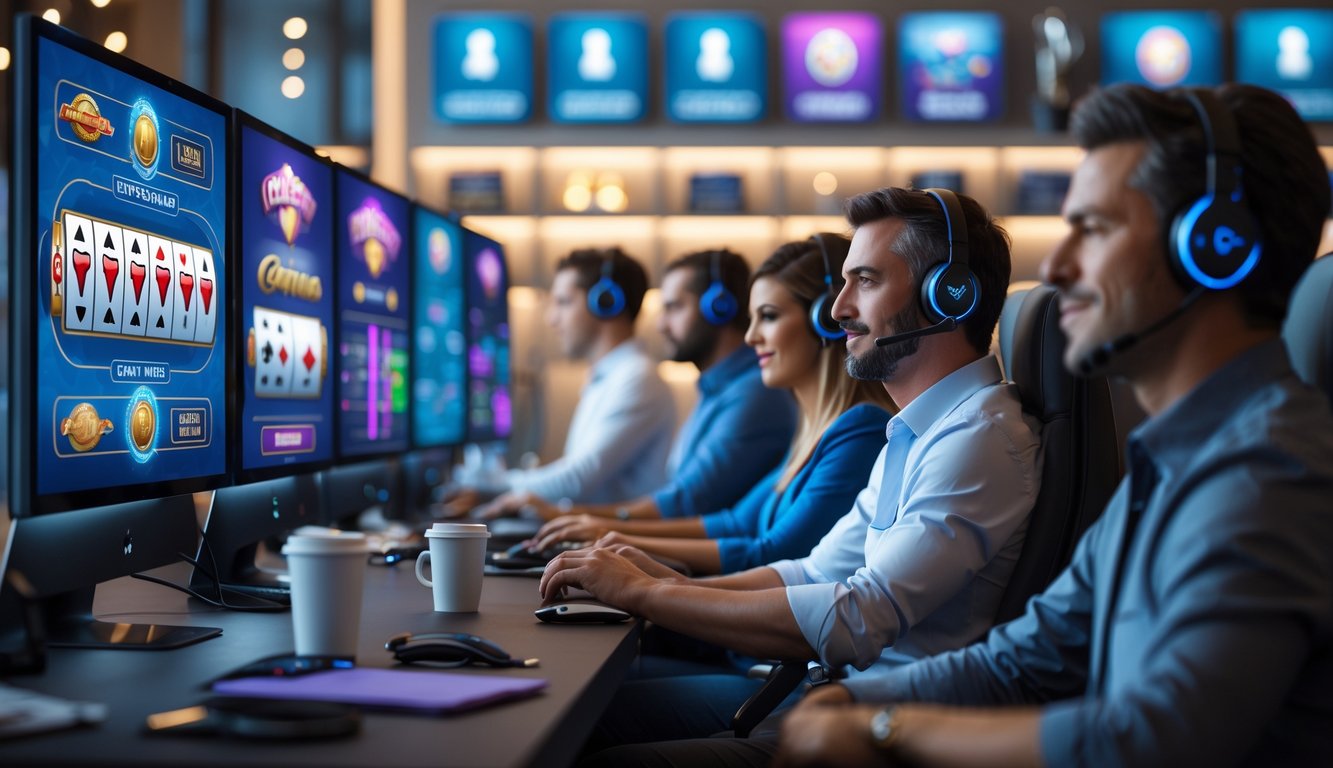 Beberapa orang dewasa sedang bermain permainan kasino online di ruangan yang nyaman dan modern dengan layar komputer besar.