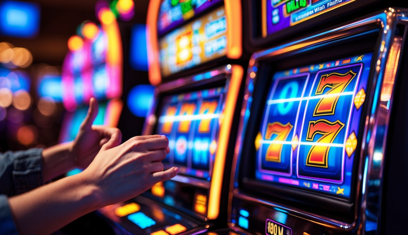Tangan seseorang merayakan kemenangan besar di mesin slot yang menyala di dalam kasino.