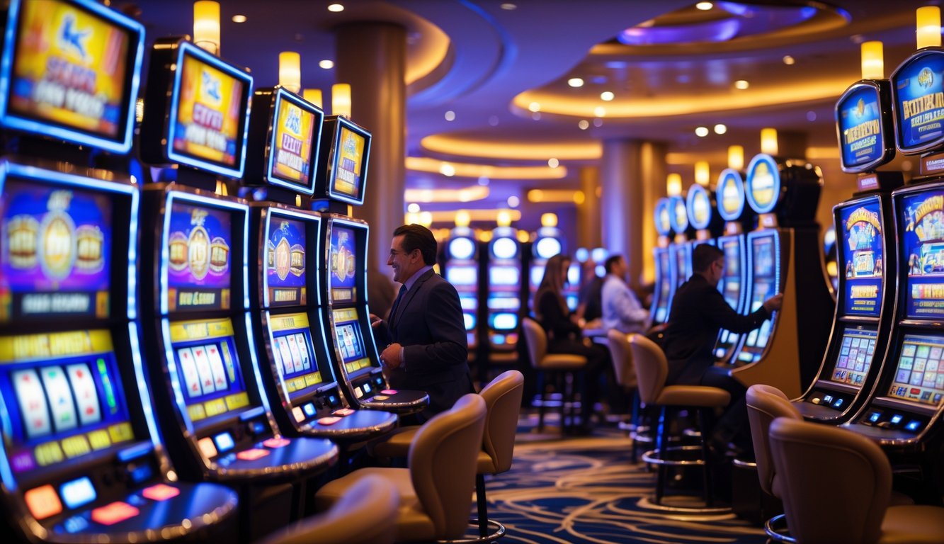 Suasana kasino dengan deretan mesin slot yang menyala dan beberapa orang sedang bermain.